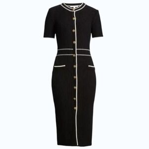 Zoe and Claire Classic Knit Black & White Midi Sweater Dress Button Detail S